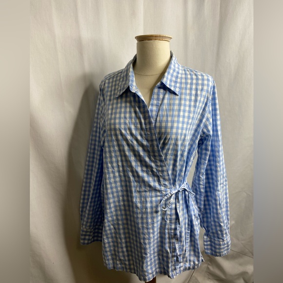 AVON BLUE & WHITE WRAP TOP - Picture 2 of 7